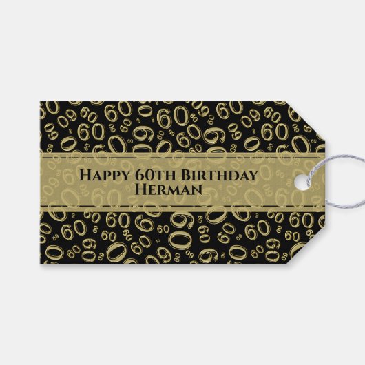 Gelukkige 60ste Verjaardag Koel Goud/Zwart Nummerp Cadeaulabel (Voorkant (Horizontaal))