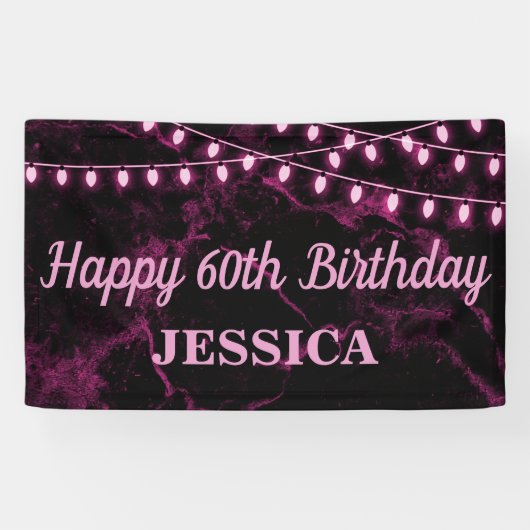 Gelukkige 60ste Verjaardag Roze Lichten Zwart Spandoek (Horizontaal)
