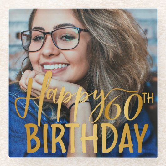 Gelukkige 60ste Verjaardag Script gepersonaliseerd Glazen Onderzetter (Voorkant)