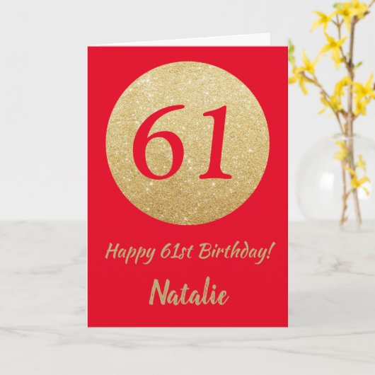Gelukkige 61e Verjaardag Rood en Goud Glitter Kaar Kaart (Gele Bloem)