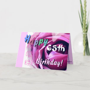 GELUKKIGE 65e VERJAARDAG met roze roos en blauwe b Kaart
