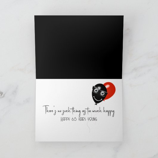 Gelukkige 65e verjaardag op zwart met ballonnen kaart (Binnen)