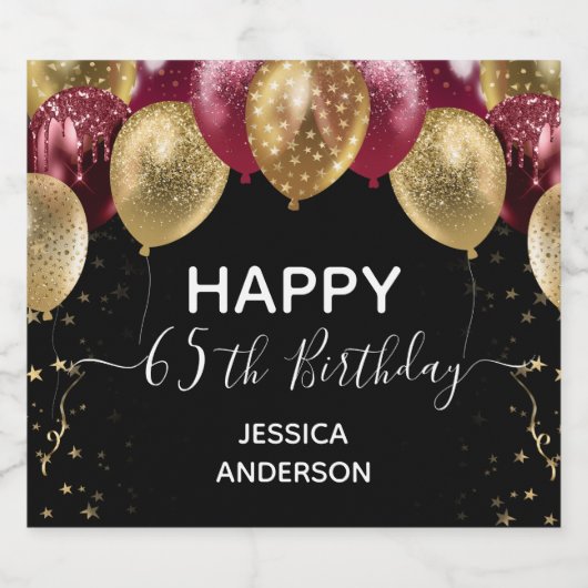 Gelukkige 65ste Verjaardag Rode en Gouden Moussere Sparkling Wijnetiket (Enkel label)