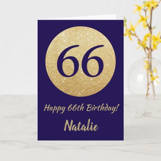 Gelukkige 66e verjaardag Marine Blauw en Goud Glit Kaart (Gele Bloem)