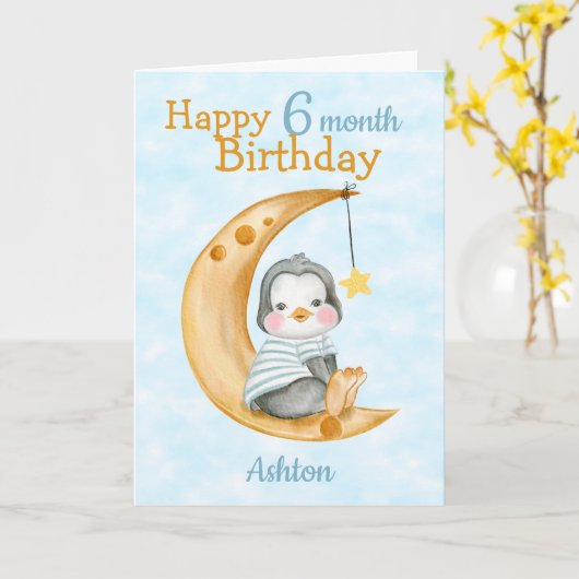 Gelukkige 6 Maanden Verjaardag Pinguïn en Moon Blu Kaart (Gele Bloem)