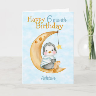 Gelukkige 6 Maanden Verjaardag Pinguïn en Moon Blu Kaart