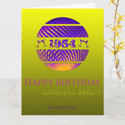 Gelukkige 70e verjaardag, kleurrijke 1954 disco ba kaart (Gele Bloem)