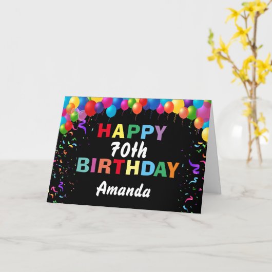 Gelukkige 70e verjaardag kleurrijke ballonnen zwar kaart (Gele Bloem)