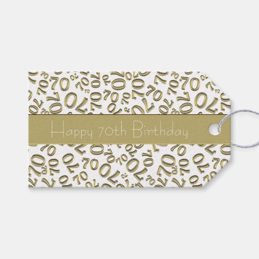 Gelukkige 70e Verjaardag Nummer Patroon Goud/Wit Cadeaulabel (Voorkant (Horizontaal))