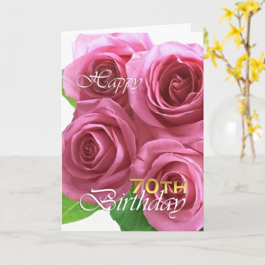 Gelukkige 70ste verjaardag, roze rozen kaart (Gele Bloem)