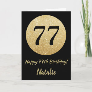 Gelukkige 77e Verjaardag Zwart en Goud Glitter Kaa Kaart