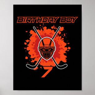 Gelukkige 7e verjaardag jongen zwart en oranje hoc poster
