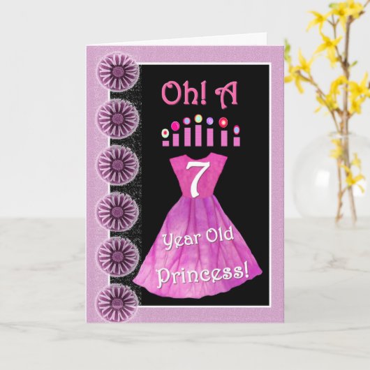 Gelukkige 7e Verjaardag Prinses - Roze Jurk & Kaar Kaart (Gele Bloem)