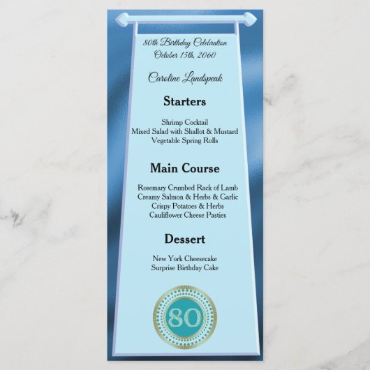 Gelukkige 80ste Verjaardag Blauwgroen Blue Glitter Menu (Voorkant)