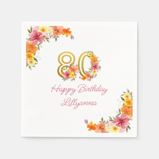 Gelukkige 80ste Verjaardag Bloemen Goud Nummer 80  Servet (Voorkant)