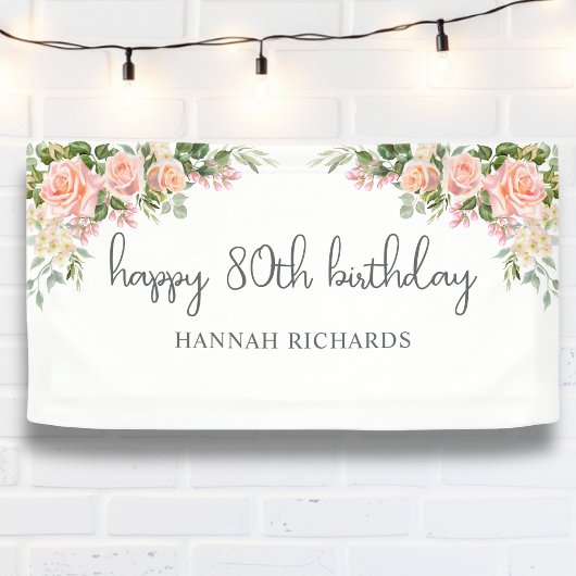 Gelukkige 80ste Verjaardag Roze Perzik Bloemen Spandoek