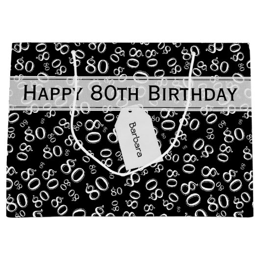 Gelukkige 80ste Verjaardag Zwart/Wit Nummerpatroon Groot Cadeauzakje (Voorkant)