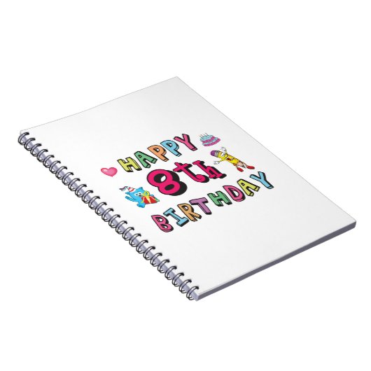 Gelukkige 8e verjaardag. 8 jaar verjaardag. notitieboek (Rechterzijde)
