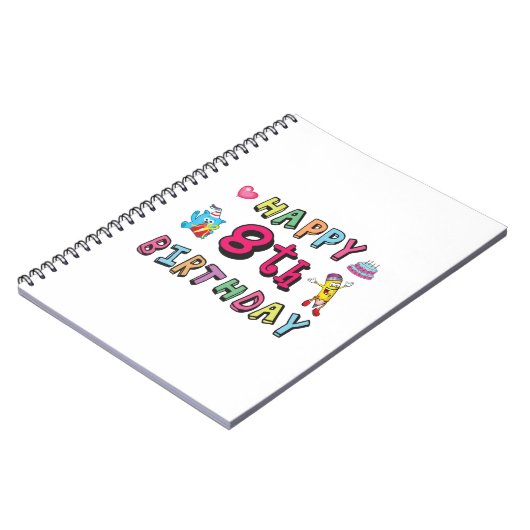 Gelukkige 8e verjaardag. 8 jaar verjaardag. notitieboek (Linkerzijde)