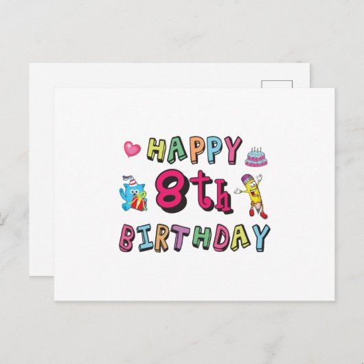 Gelukkige 8e verjaardag. 8 jaar verjaardagswensen briefkaart (Voorkant / Achterkant)