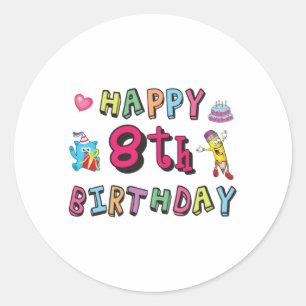 Gelukkige 8e verjaardag. 8 jaar verjaardagswensen ronde sticker