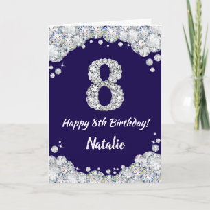 Gelukkige 8e verjaardag Navy Blue en Zilver Glitte Kaart