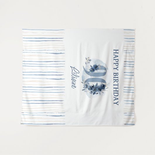 Gelukkige 90e verjaardag Kustblauw Bloemen Nummer  Wandkleed (Voorkant (horizontaal))