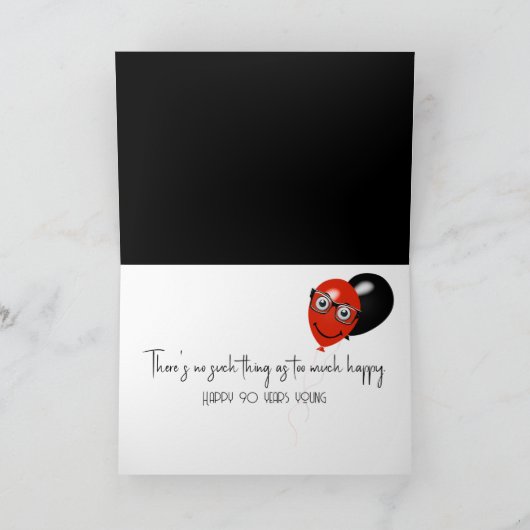 Gelukkige 90e verjaardag op zwart met ballonnen kaart (Binnen)