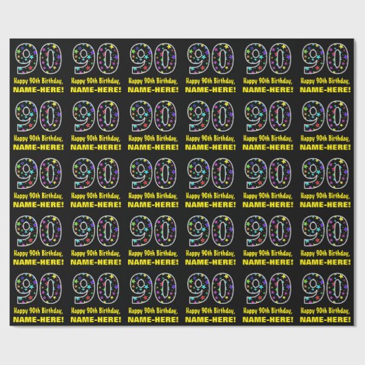 Gelukkige 90ste verjaardag, Leuk Kleurrijk Sterren Cadeaupapier (Vlak)