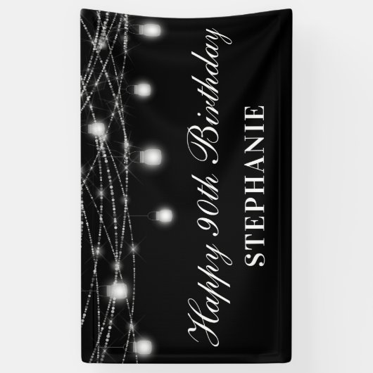 Gelukkige 90ste verjaardag Mason Jars Lights Zwart Spandoek (Verticaal)