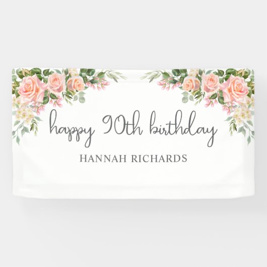 Gelukkige 90ste Verjaardag Roze Perzik Bloemen Spandoek (Horizontaal)