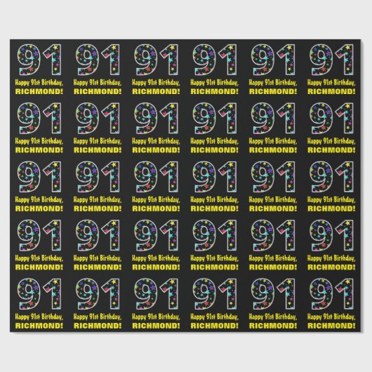 Gelukkige 91ste Verjaardag, Leuk Kleurrijk Sterren Cadeaupapier (Vlak)