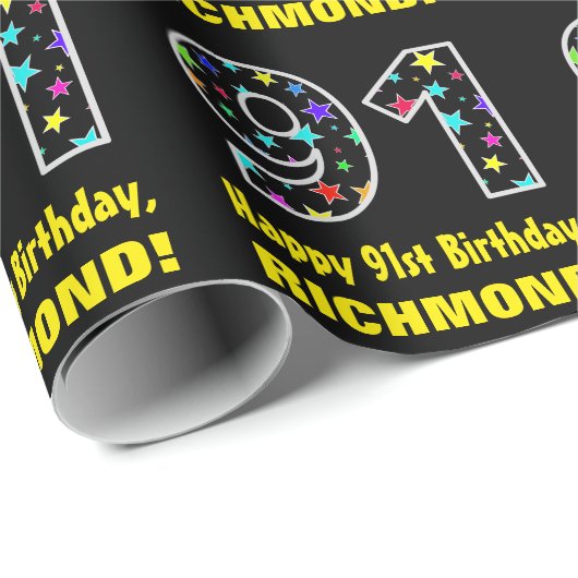 Gelukkige 91ste Verjaardag, Leuk Kleurrijk Sterren Cadeaupapier (Rol Hoek)