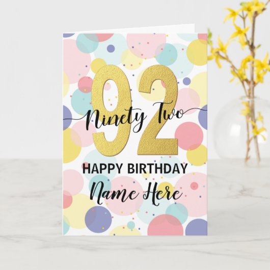 Gelukkige 92e Verjaardag Pastel Regenboog Gouden V Kaart (Gele Bloem)