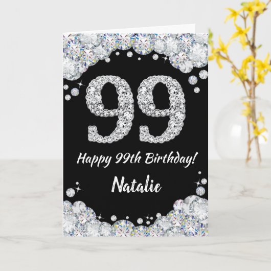 Gelukkige 99e verjaardag Zwart en Zilver Glitter K Kaart (Gele Bloem)