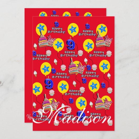 Gelukkige 9e Verjaardag Uitnodiging Verjaardag #9  (Voorkant / Achterkant)