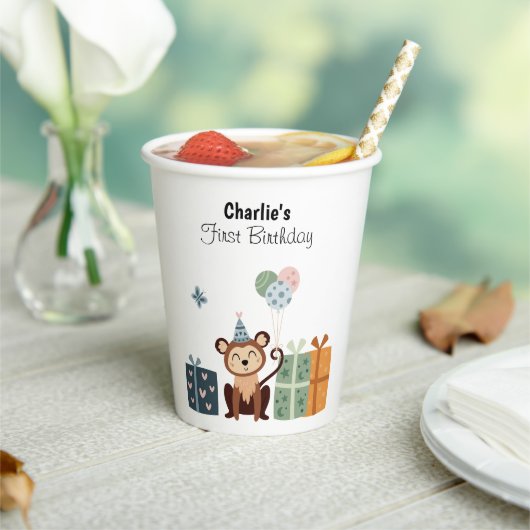 Gelukkige Aap met ballonnen en geschenken, verjaar Papieren Bekers (Insitu)