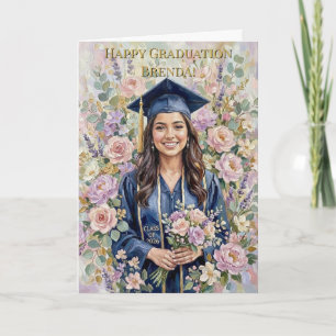 Gelukkige Afstudeer Bloemen Meisje Olie Schilderij Kaart