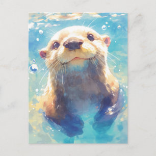 Gelukkige Aquarel Otter Zwemt Briefkaart