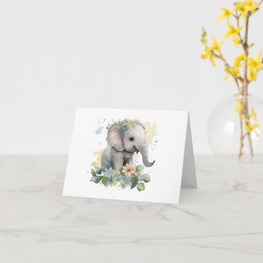 Gelukkige Baby Waterverf Olifant met Bloemen BLANK Kaart (Gele Bloem)