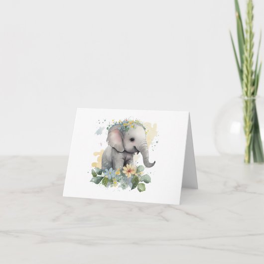Gelukkige Baby Waterverf Olifant met Bloemen BLANK Kaart (Voorkant)