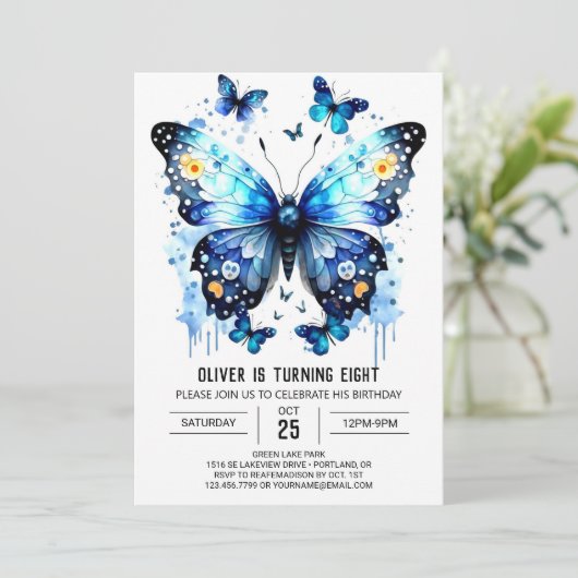 Gelukkige bewerkbare vlinder jongen verjaardag kaart (Staand voorkant)