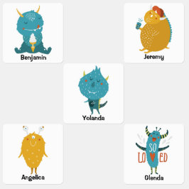 Gelukkige blauwe gele monsters terug naar school kinderlabels