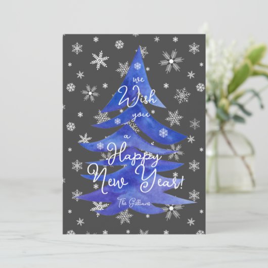 gelukkige blauwe jaarboom feestdagenkaart (Staand voorkant)