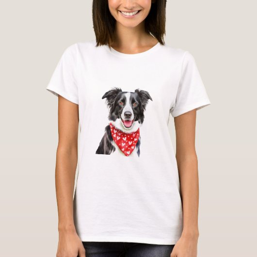 Gelukkige Border Collie met Red Heart Bandana T-shirt (Voorkant)