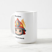 Gelukkige brandweerman mascotte met vlammen koffiemok (Voorkant links)
