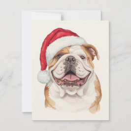 Gelukkige Bulldog Watercolor Kerstman Hoed Kunst Feestdagenkaart