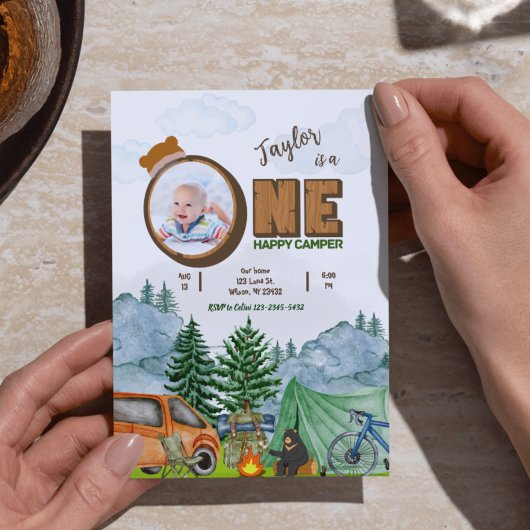 Gelukkige Camper 1e Verjaardag Uitnodigen (Jongen, Kaart