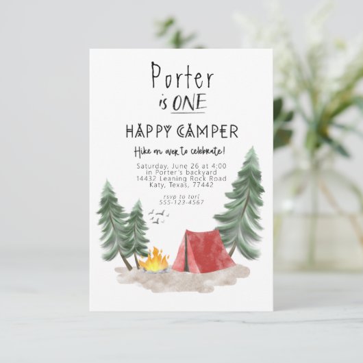Gelukkige camper eerste verjaardag uitnodiging (Staand voorkant)