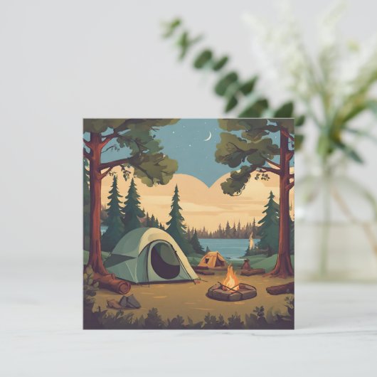 Gelukkige Camping Tent en Kampvuur Feestdagenkaart (Staand voorkant)